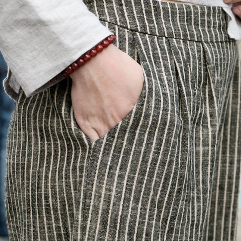 Loose linen Ankle Length Gray Coffee Stripe Women Pants