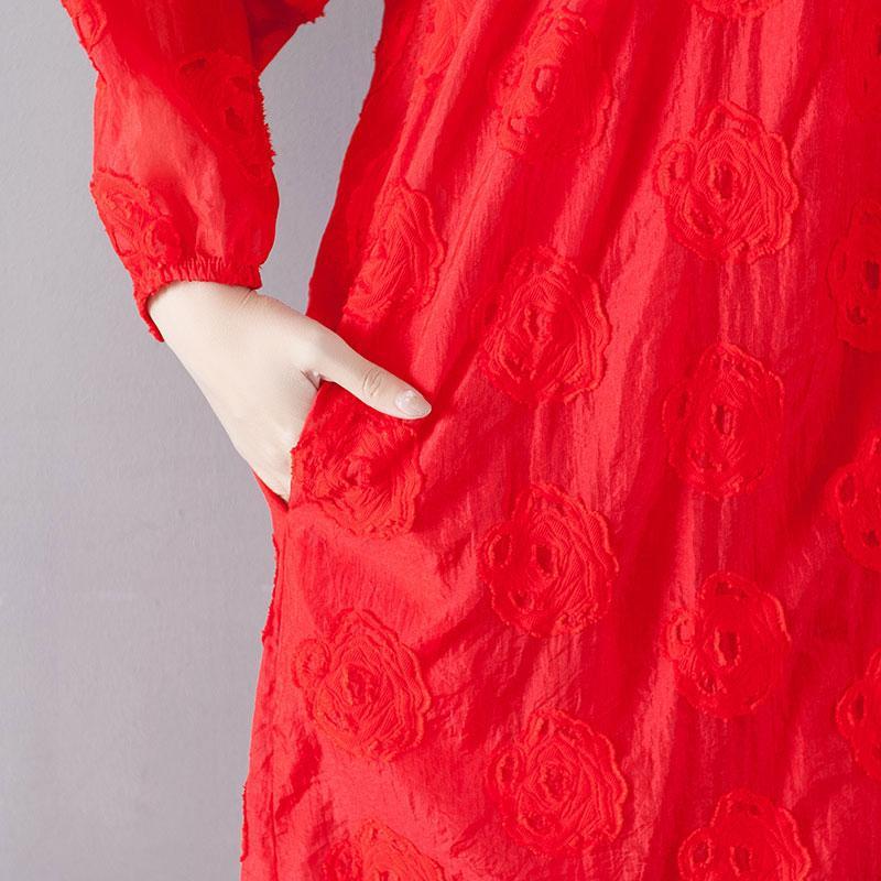 Embroidery Long Sleeve Lacing Single Breasted Red Dress