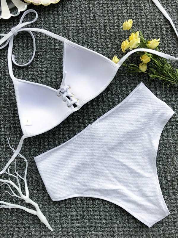 High Waisted Ribbed Lattice Strappy Bikini Swimsuit