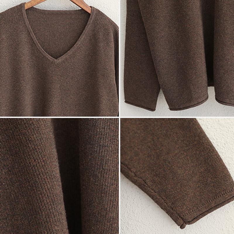 Buykud V-Neck Loose Curling Literary Casual Sweater
