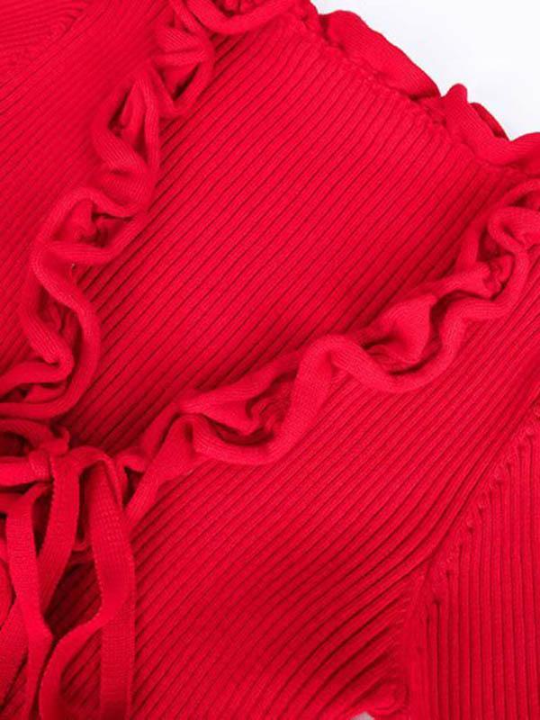 V-Neck Flared Sleeves Lotus Leaf Edge Knitting Blouse