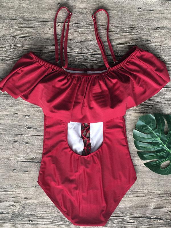 Off-the-shoulder Lace-up One-piece Swimwear