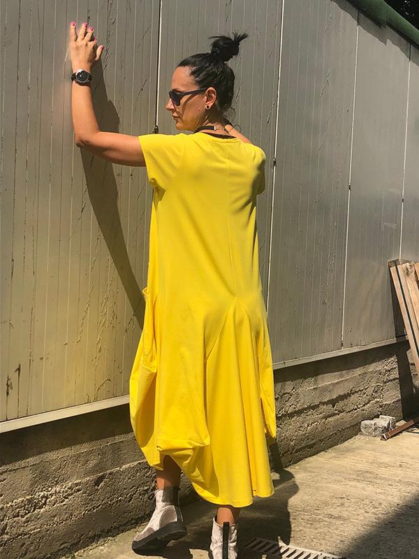 Short Sleeve Double Pockets Irregular Maxi Dress