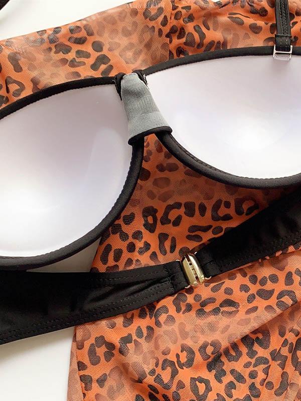 Leopard Print Net Yarn Long Sleeve Three-Piece Bikini Swimsuit