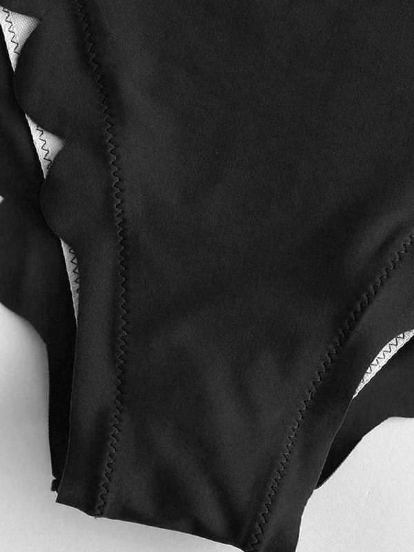 Solid Color Scalloped Bandage Split Bikini Swimsuit