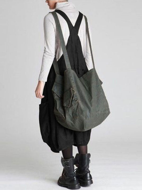 Casual Solid Color Split-Joint With Pocket Pleated Square-Neck Midi Strap Dress