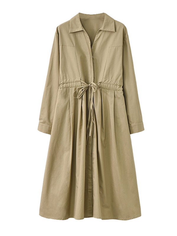 Casual Long Sleeves Loose Drawstring Tied Solid Color Lapel Collar Midi Dresses