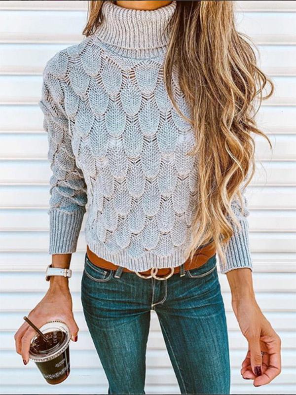 Solid Color High Collar Sweater Tops