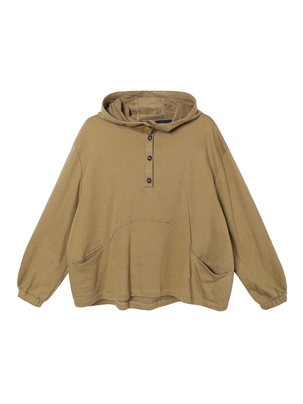 Casual Solid Color Buttoned Batwing Sleeve Hoodies