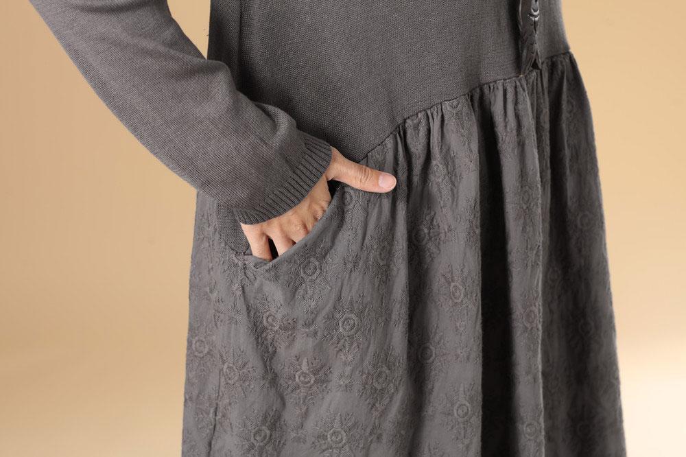 Embroidered Women Long Sleeve Folded Splicing Gray Sweater Dress