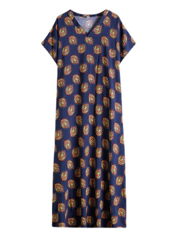 Vintage Printed V-Neck Batwing Short Sleeves Maxi Dress