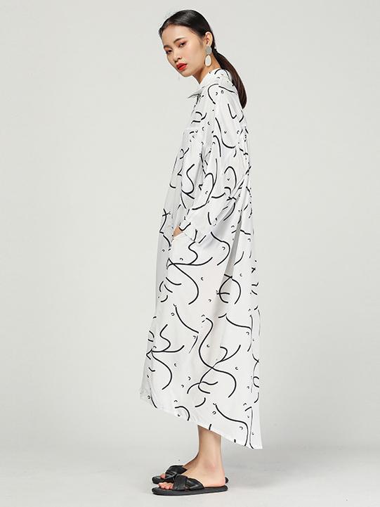 Original Ramie Cotton Printed Lapel Long Blouse Dress