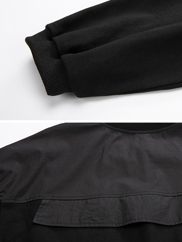 Casual Black Split-Joint Big Pocket Long Sleeves Round-Neck T-Shirt