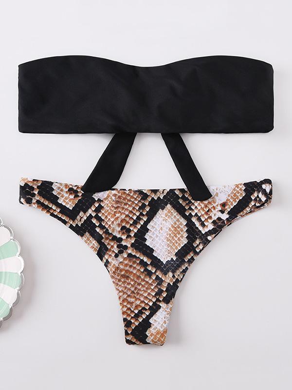 Strapless Knotted Snake Pattern Bikini Swimsuit