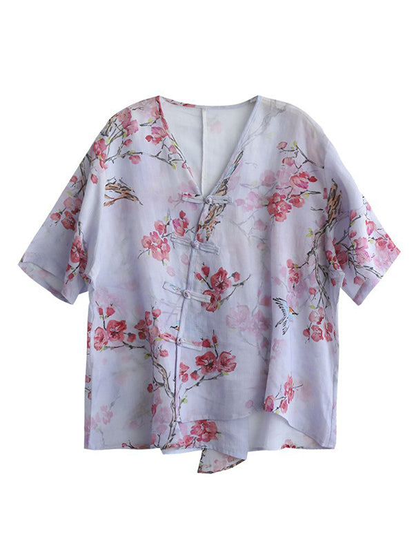Artistic Retro Loose Ramie Cotton Buttoned Floral Printed Blouse