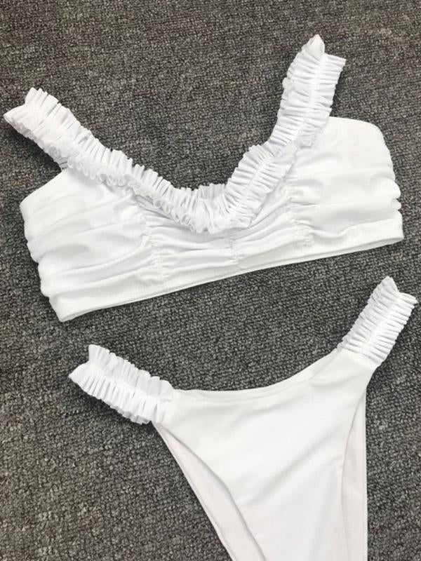Sexy V-Neck Ruffled Shoulder Strap Bikini Swimsuit