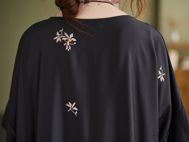 Stylish Crane Print Split-Joint Pleated Half Sleeves Maxi Dress