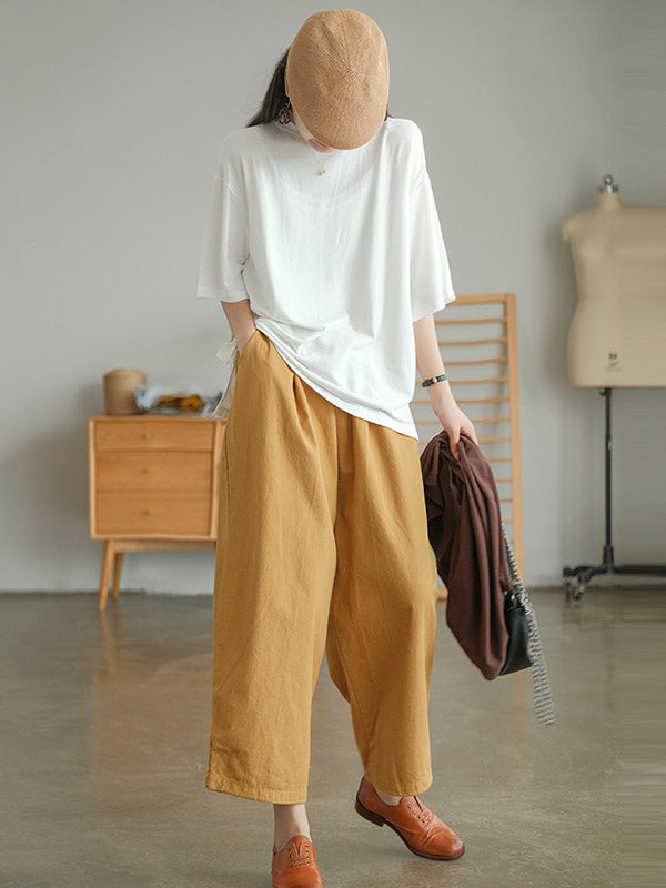 Casual Simple Solid Color Loose Round-Neck Half Sleeves T-Shirt