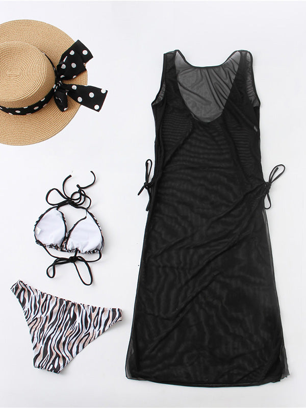 Leopard-Printed Triangle Bikini Swimwear+Slim Drawstring See-Through Cover-Ups Three-Pieces Set