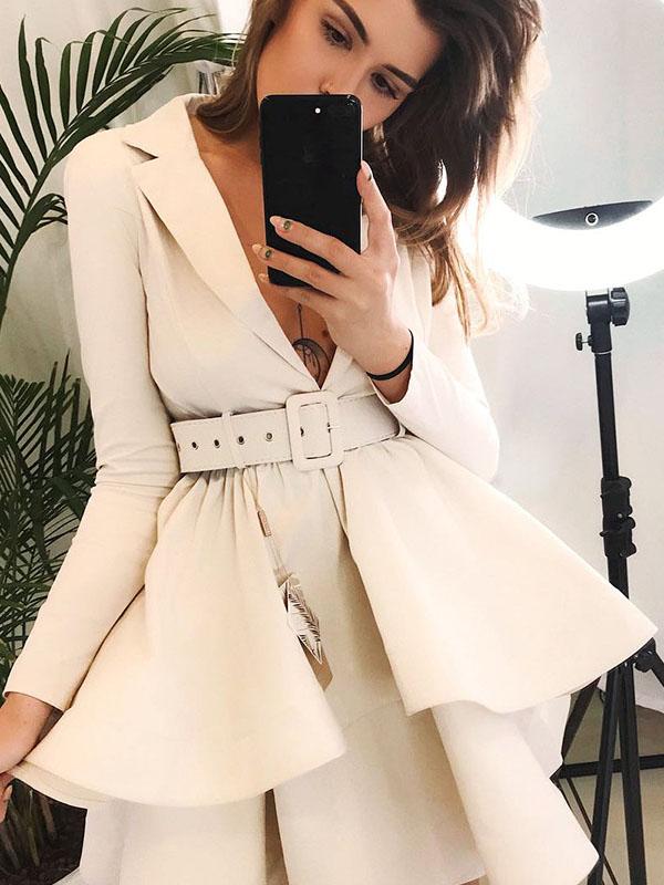 Deep V-neck Long Sleeve Tight with Belt Mini Dress