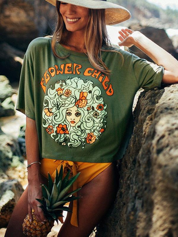 Simple 2Color Flower Child Printed T-Shirts Tops