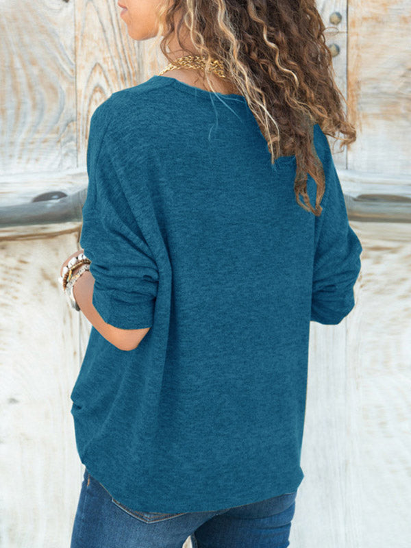 Simple Solid Color V-Neck Long Sleeves Pullover Knitwear
