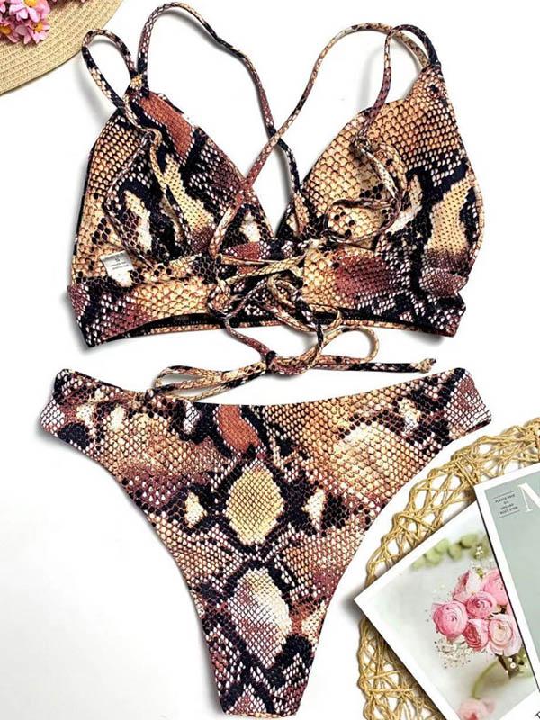 Snake-Print Bandage Split Bikini Swimsuit