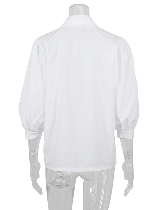 Urban Solid Color Split-Joint Pleated Lapel Collar Bishop Sleeves Shirt