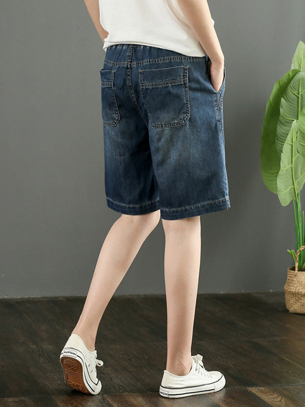 Casual Girlish Denim Drawstring Elastic Waisted Wide Leg Shorts