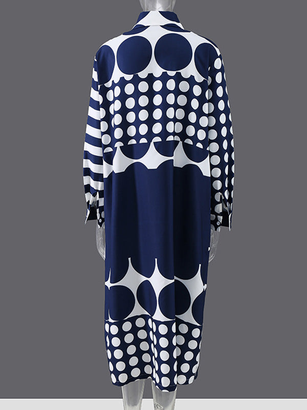 Original Striped Polka-Dot Split-Joint Buttoned Lapel Collar Long Sleeves Midi Shirt Dress