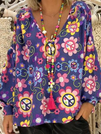 V-neck Printed Shirt with Bubble Sleeves