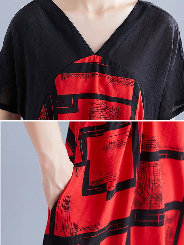 Cotton Linen Printed V-neck Dress