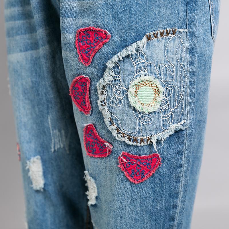 Casual Appliques Frayed Light Blue Jeans