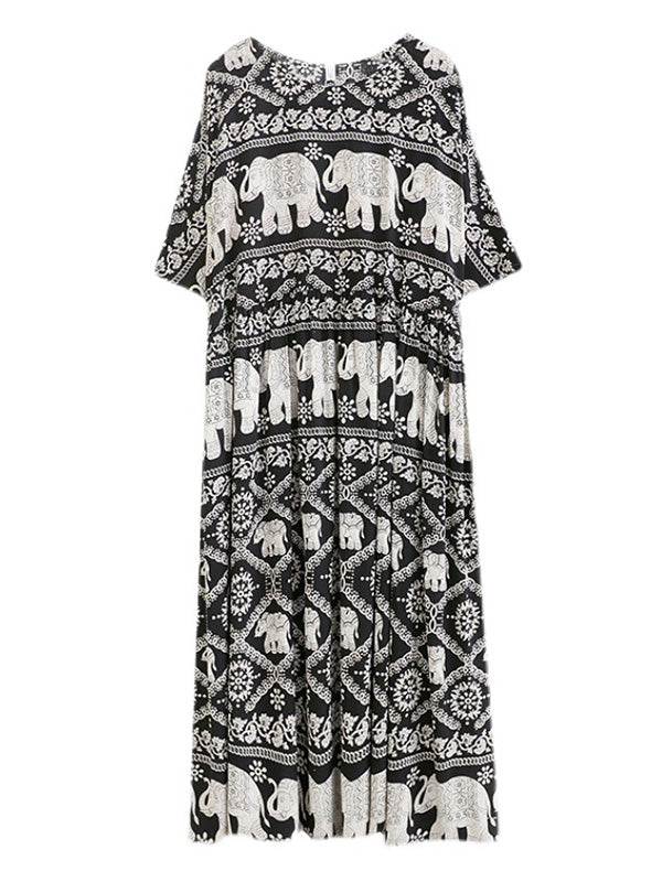 National Floral Ethnic Printed Pleated Round-Neck Half Sleeves Midi Dress