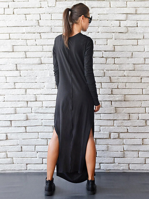 Stylish Black Pleats Heaps Collar Split-Side Long Sleeve Maxi Dress