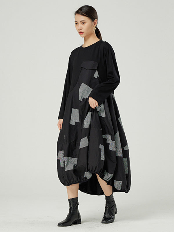 Stylish Split-Joint Asymmetric Loose Round-Neck Long Sleeves Midi Dress