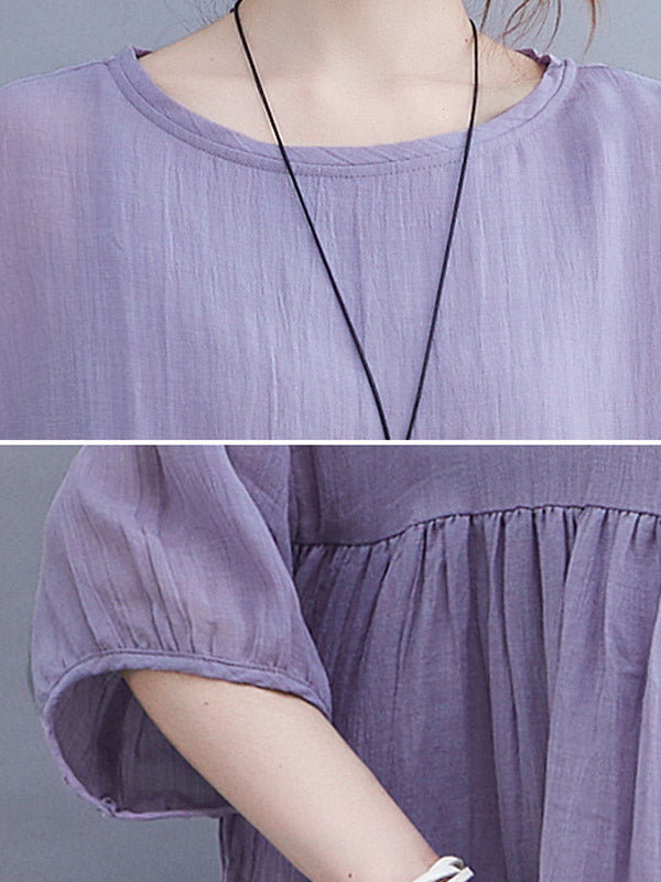 Simple Solid Color Puff Sleeve Midi Dress