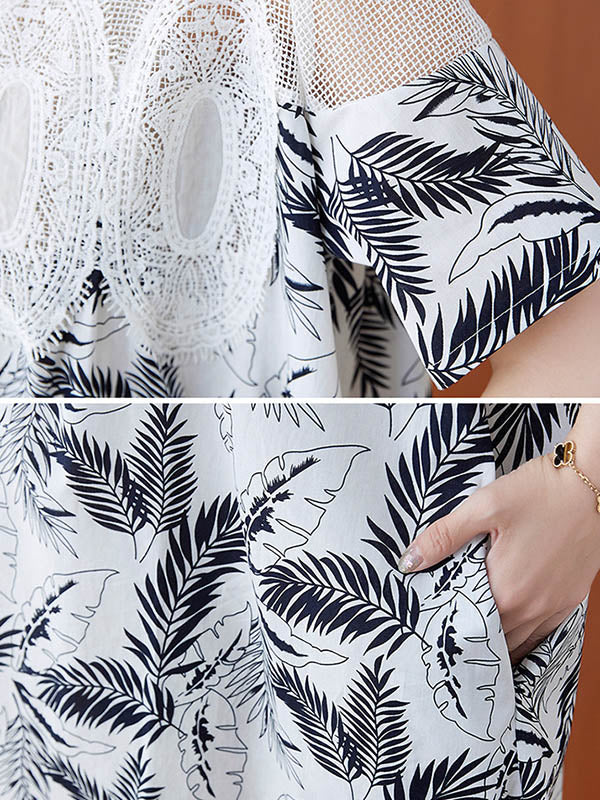 Stylish Linen Printed Split-Joint Round-Neck Lace Short Sleeves Mini Dress