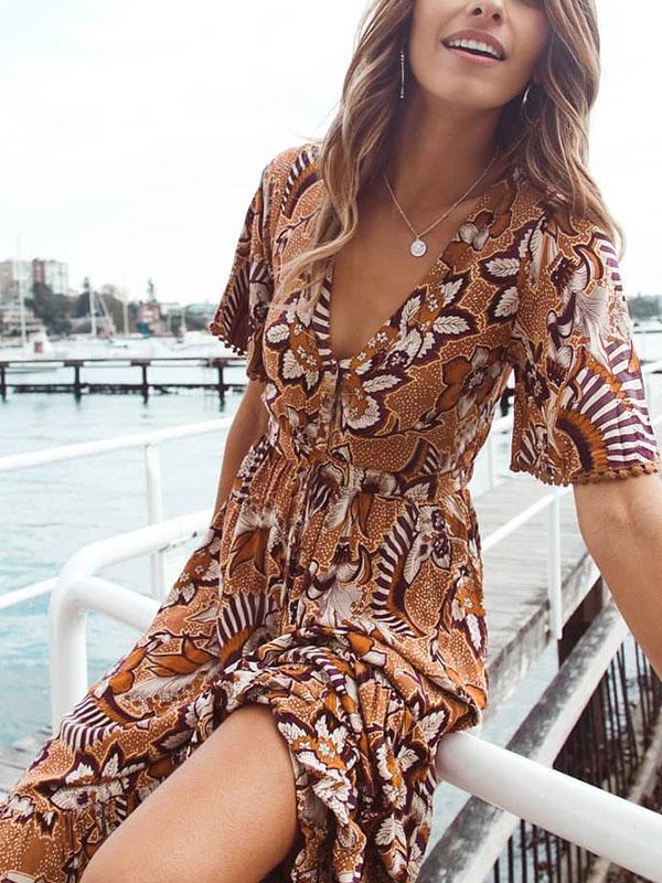 Bohemia Floral V-Neck Waisted Maxi Dress