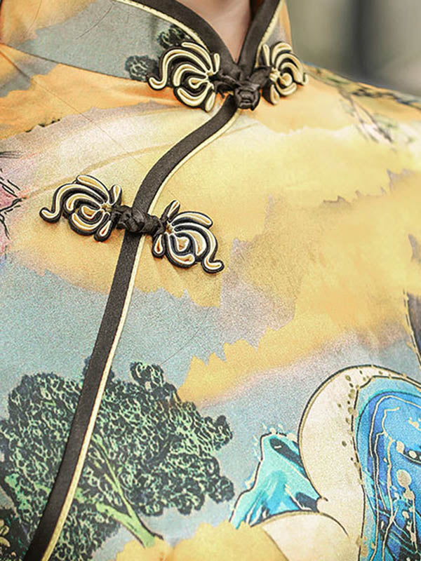 Stylish Satin Split-Side Printed Stand Collar Short Sleeves Short Cheongsams