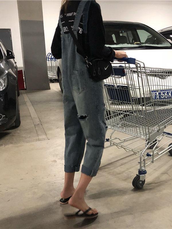 LOOSE DENIM BLUE HOLLOW JUMPSUITS