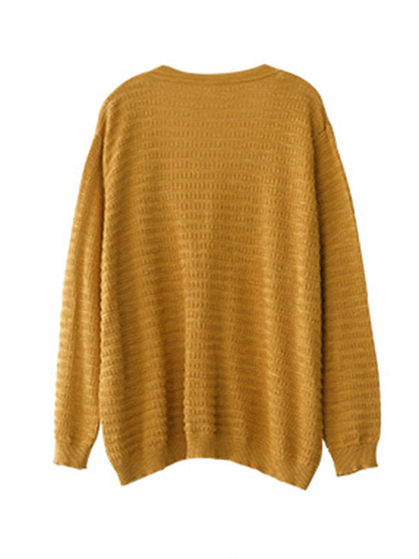 Casual Solid Color Buttoned V-Neck Long Sleeves Jacquard Knitted Cardigan