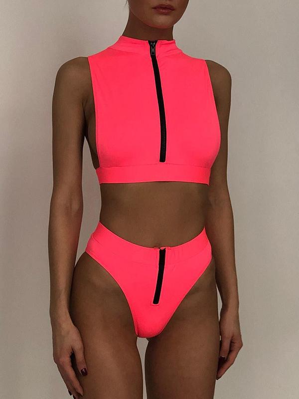 Turtlenecks Zippers Split Bikini Swimsuit