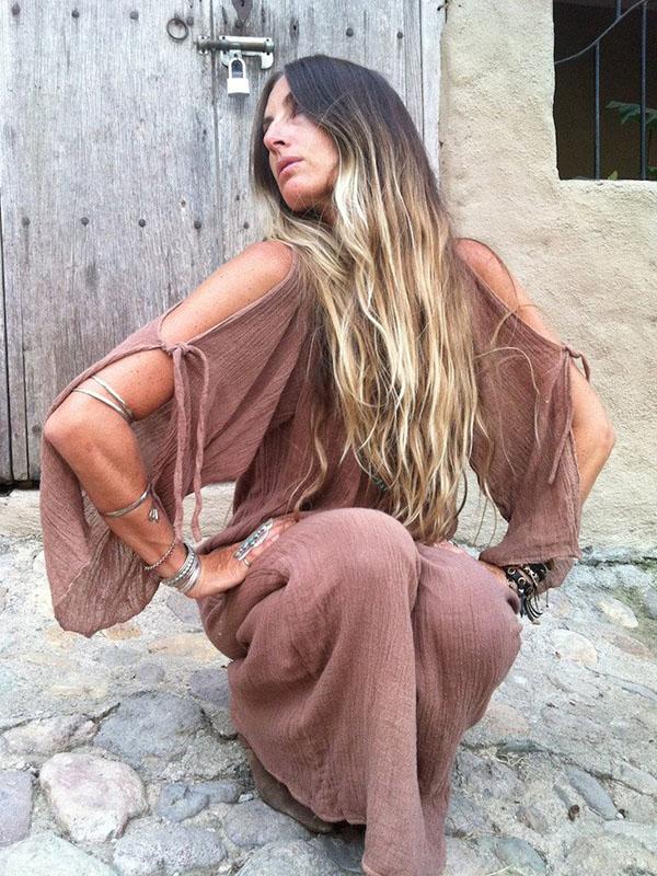 Deep V-neck Off-shoulder Flare Sleeve Long Dresses