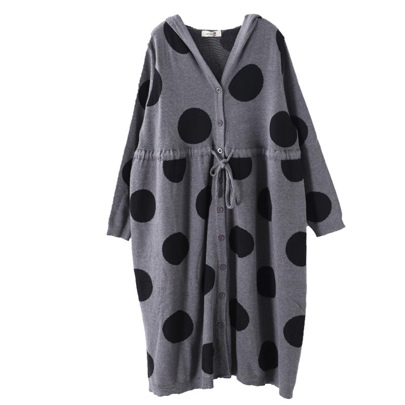 Buykud Literary Polka Dot Drawstring Comfortable Hooded Dress