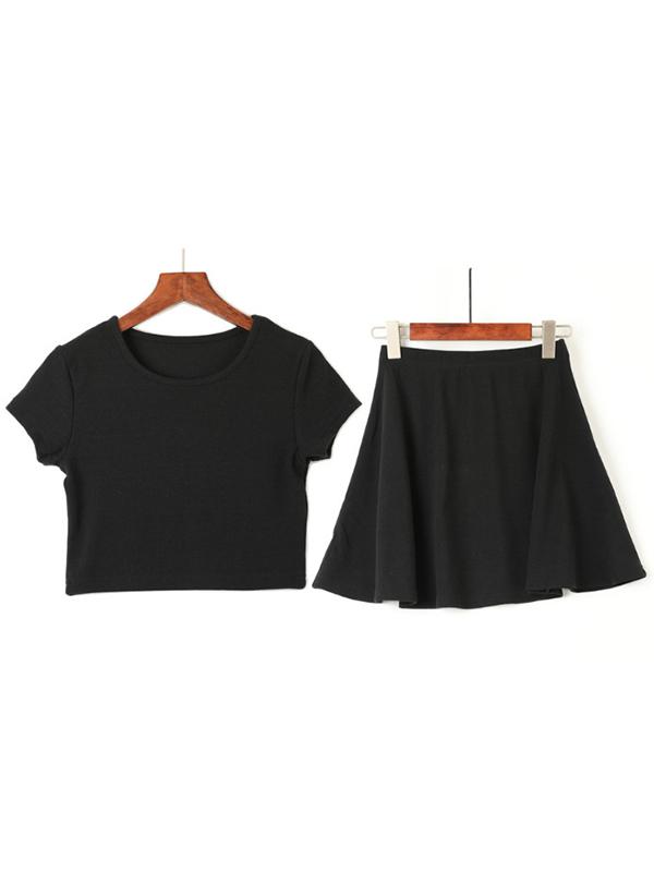 Ribbed Short Sleeve Crop Tees And Skirts Suits
