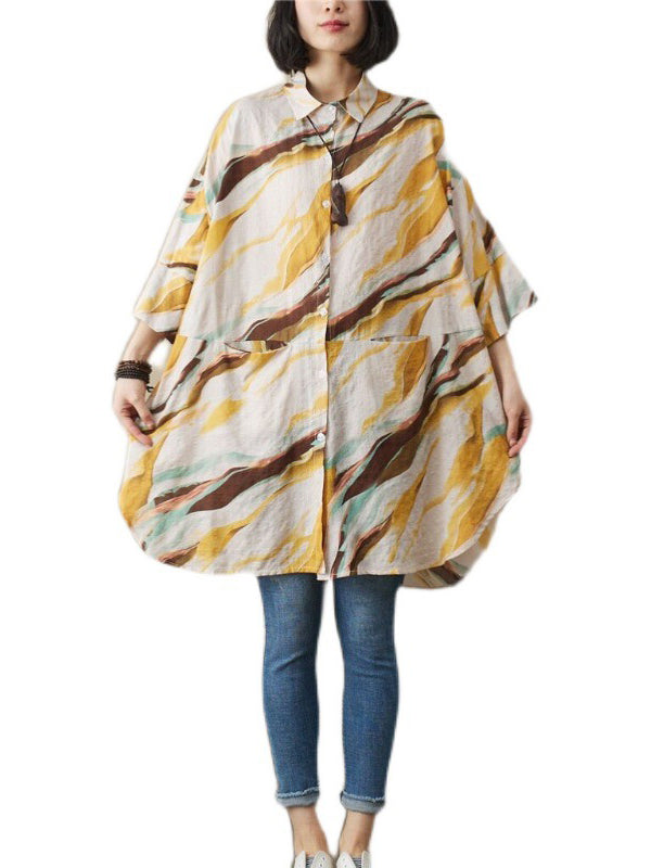 Artistic Retro Contrast Color Printed Split-Joint Blouse