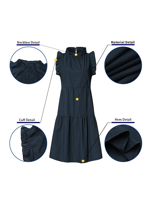 Stylish Solid Color Falbala Sleeveless Stand Collar Midi Dress