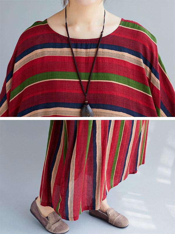 Loose Retro Striped Round-neck Long Dress