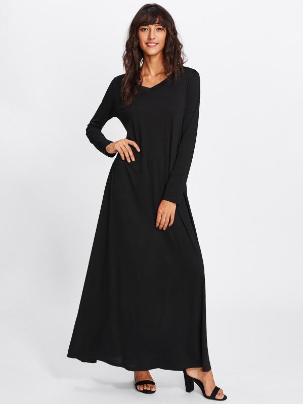 Simple Black Long Sleeves Maxi Dress